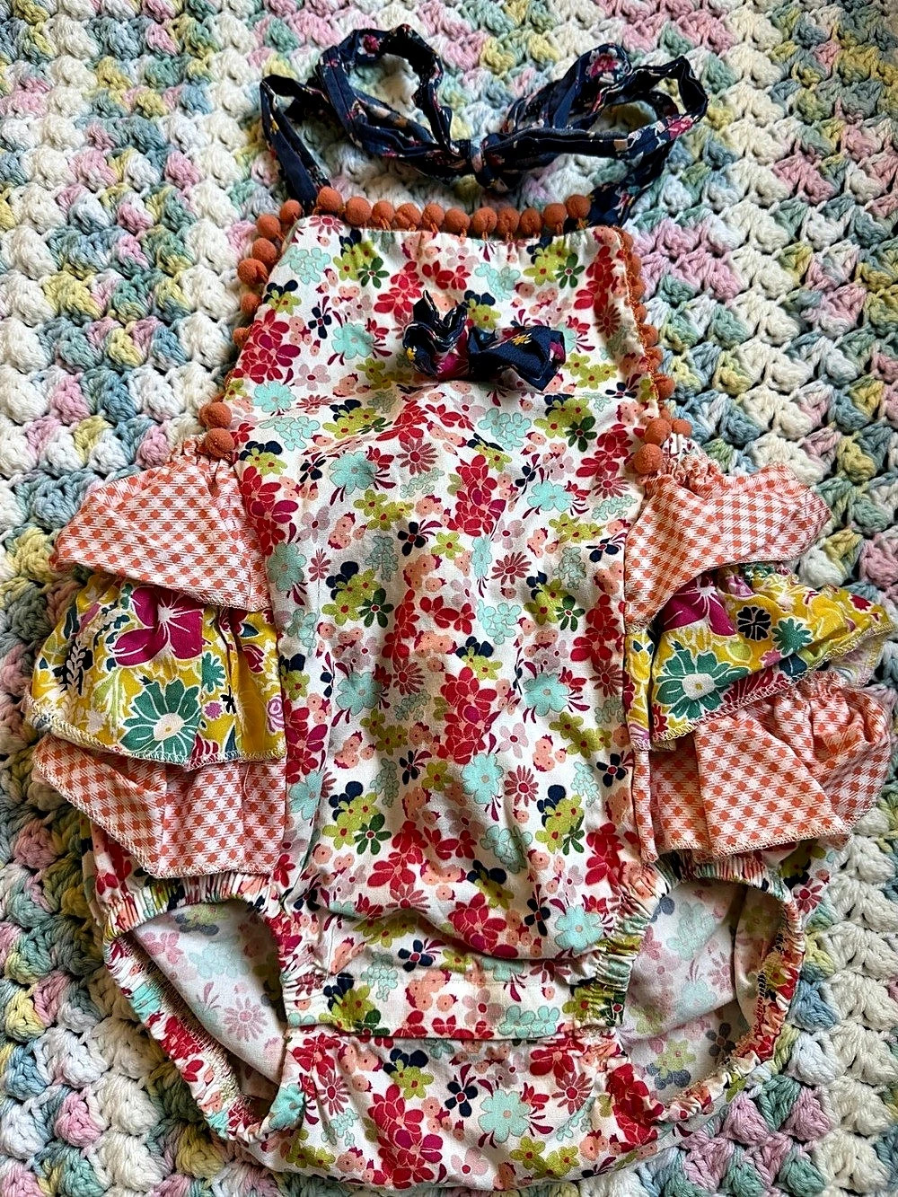 Haute Baby Floral Ruffle Romper Sunsuit Pom Pom Trim Baby Girl